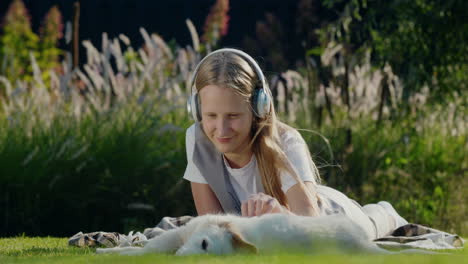 teenage girl plays with a puppy, lies on the lawn, listens to music on headphones