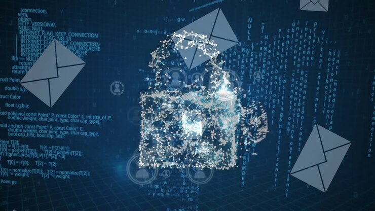 Animation of data and emails over digital padlock on blue background