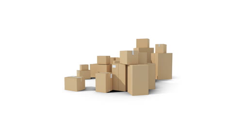 animation of pile of moving multiple cardboard boxes on white background