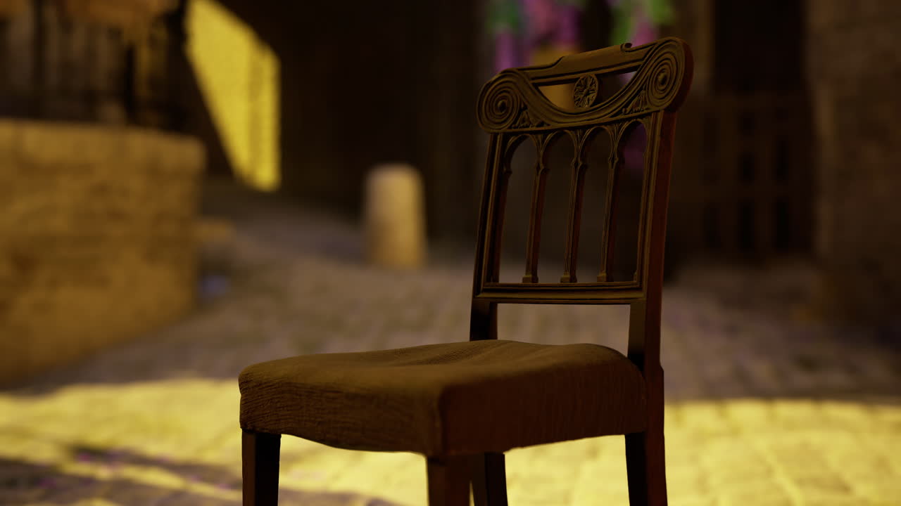 Old wooden chair placed on cobblestone street near historic building at sunset