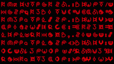 motion graphics featuring lines of alien style hieroglyphs and written text rapidly changing in random sequences in mid-sized red font - ideal for screen replacement content