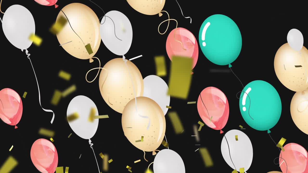 animación de globos coloridos que vuelan y caen confeti sobre un fondo negro