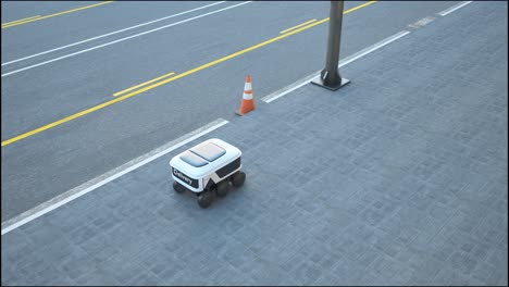 servicio automatizado de entrega de robots que conducen en la calle urbana. el robot inalámbrico inteligente moderno entrega bienes o alimentos a un cliente. nueva industria tecnológica de iot de entrega de logística de tienda en línea
