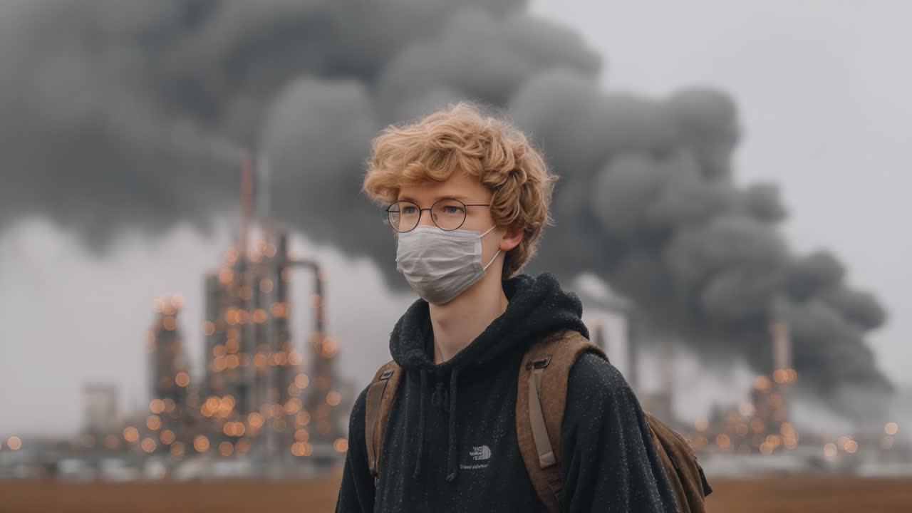 Um Jovem Usando Máscara Contra um Cenário Industrial Perturbador com Fumaça, Refletindo Preocupações Ambientais e Poluição Urbana