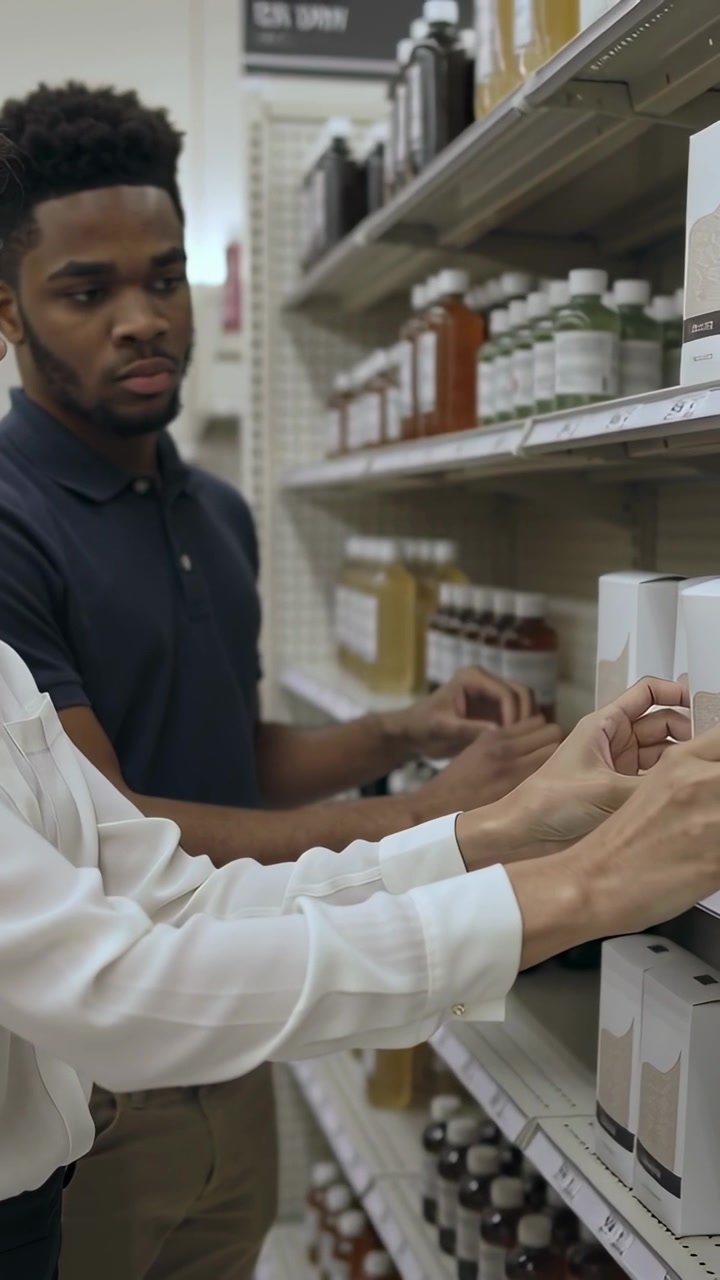 Vertical video: Choosing navy-polo man reaching after woman lifting white box in aisle, with tags