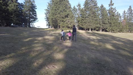 mother with two daughters hiking in nature, twin sisters with mum on hiking path, joyful childhood in woods