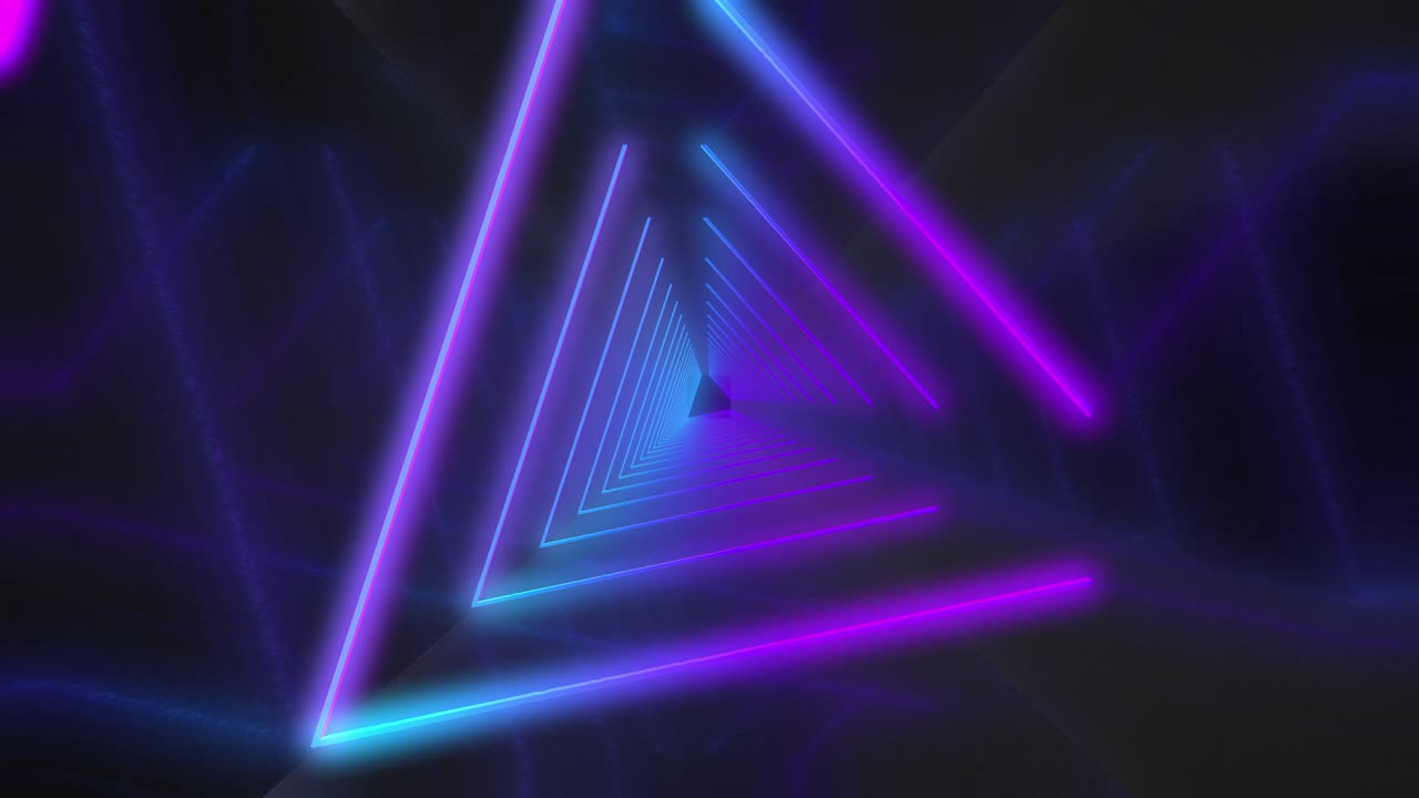 volo astratto in corridoio futuristico con triangoli, anello senza cuciture sfondo 4k, luce ultravioletta fluorescente, linee di neon laser colorate, tunnel geometrico infinito, spettro rosa blu,