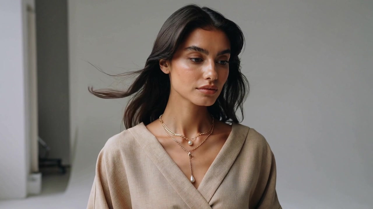 Telecamera in funzione, modella che si posiziona, girando a destra in studio, ventilatore che le solleva i capelli, collana d'oro, top beige.