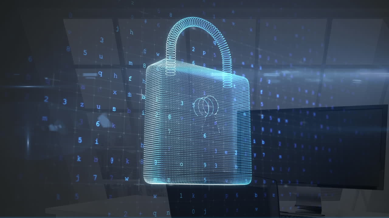 animación de candados digitales y números en las computadoras de la oficina