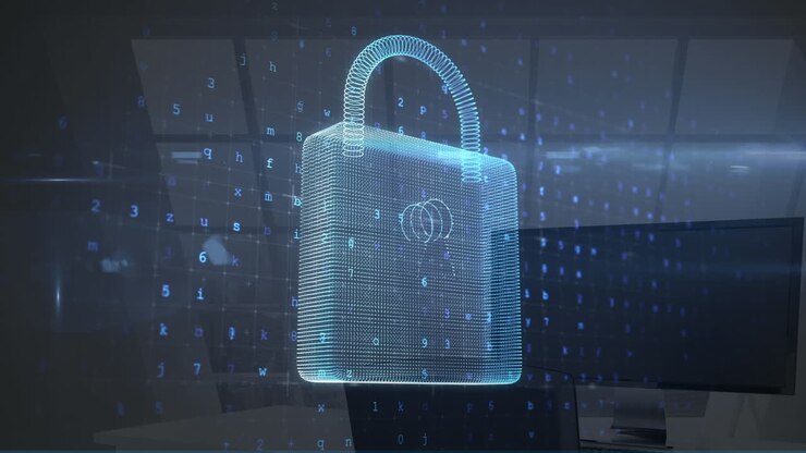 Animazione di lucchetto digitale e numeri su computer in ufficio