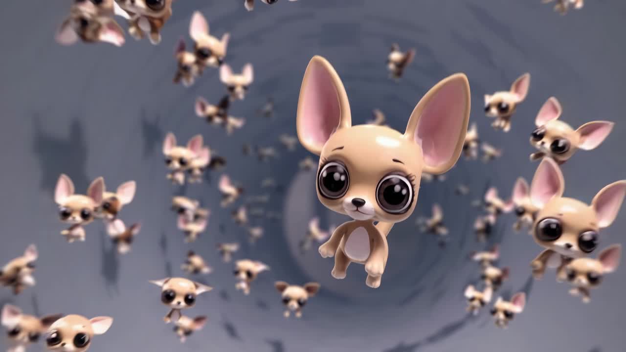 Many cute chihuahua dogs are flying inside a gray tunnel, creating a funny and surreal atmosphere with a whimsical touch, perfect for animal lovers