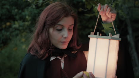 woman smells a lemon found in the forest at night with a lantern