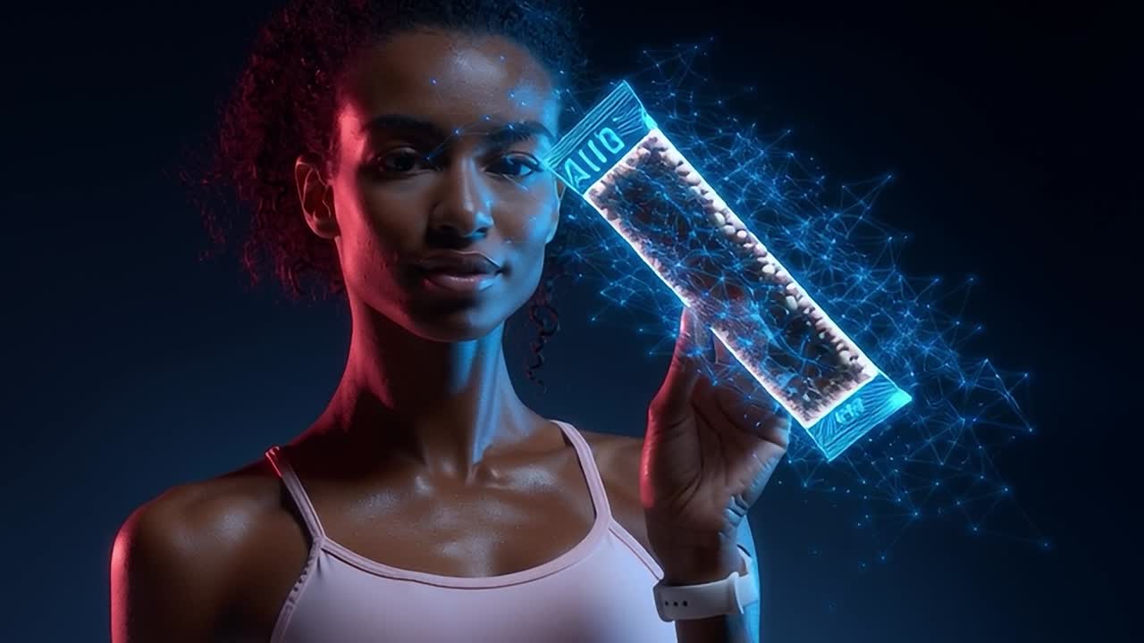 Woman examines advanced snack bar in a futuristic setting