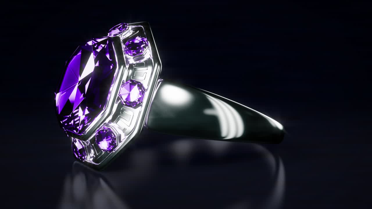 보라색 보석과 함께 은 반지 회전, 고립, 가상의 - 루프 비디오