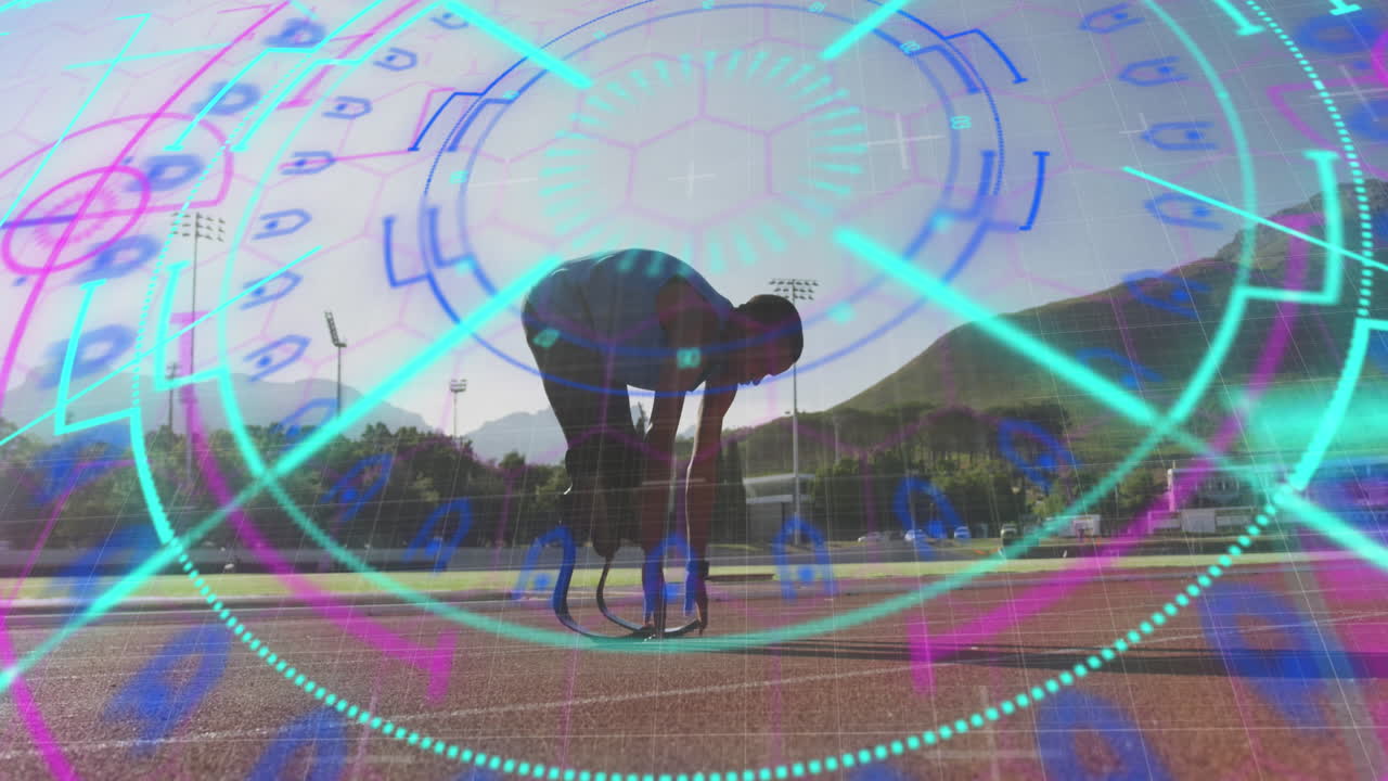 animación del procesamiento de datos digitales sobre un atleta masculino discapacitado con cuchillas de correr en la pista de carreras
