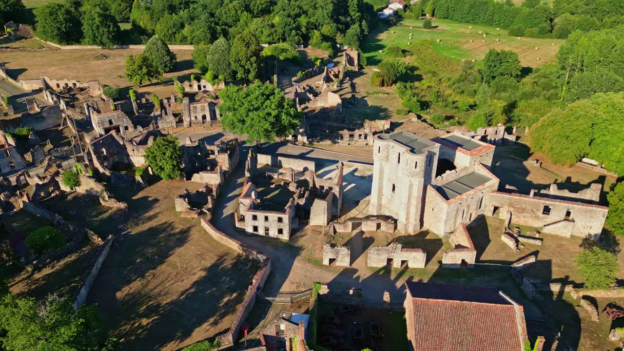 Drone capturing the ruins of Oradour sur Glane in France, a village tragically destroyed during World War II, preserving the memory of a somber historical event