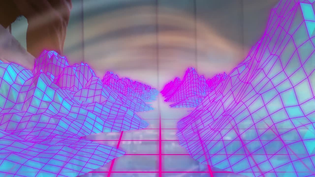 animación de la estructura 3d de las montañas sobre el hombre de negocios caucásico usando el teléfono celular en la oficina.