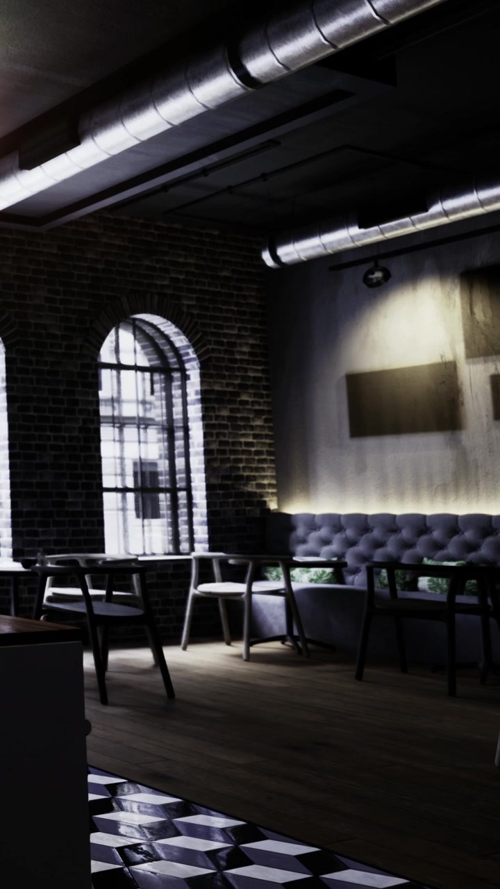 Caffetteria vuota con design moderno e illuminazione soffusa nelle ore serali.