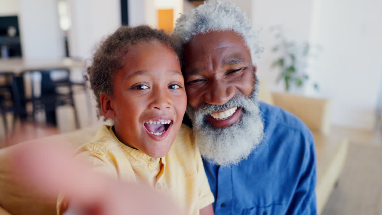 Child, grandfather and face selfie in home