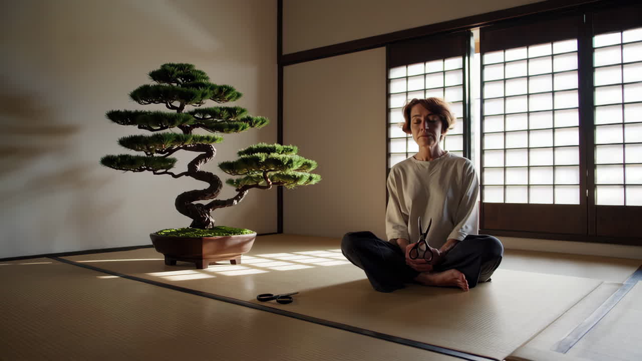 Woman engaged in bonsai pruning in a traditional Japanese room