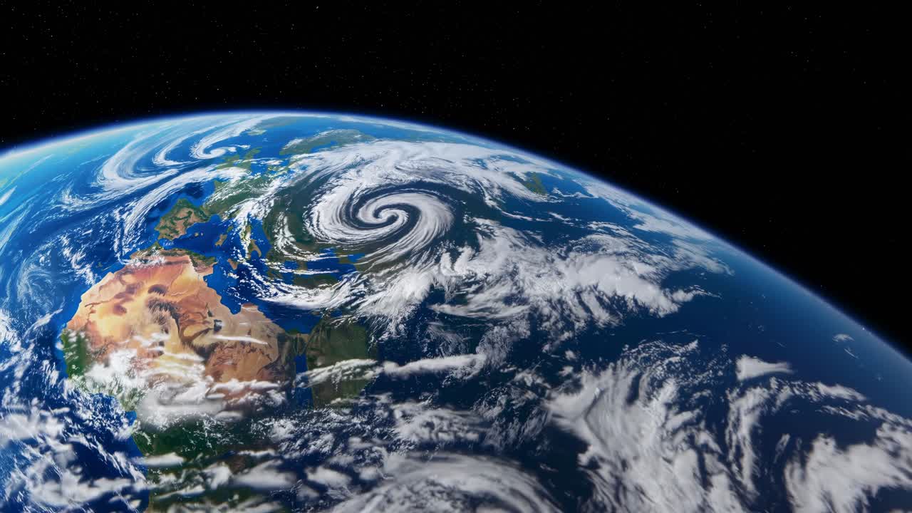 A breathtaking video still of Earth from space, showcasing swirling clouds and continents