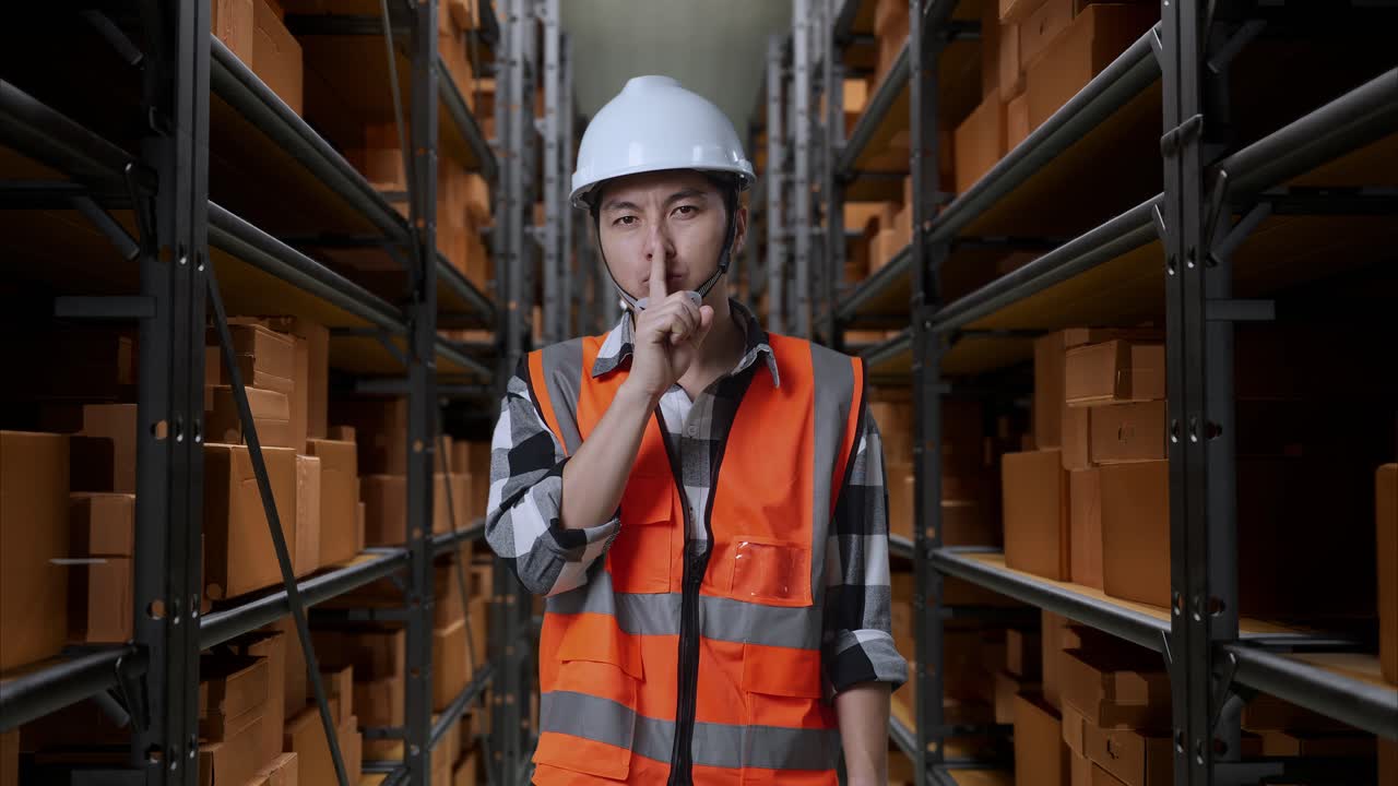 trabajador del almacén manteniendo el silencio