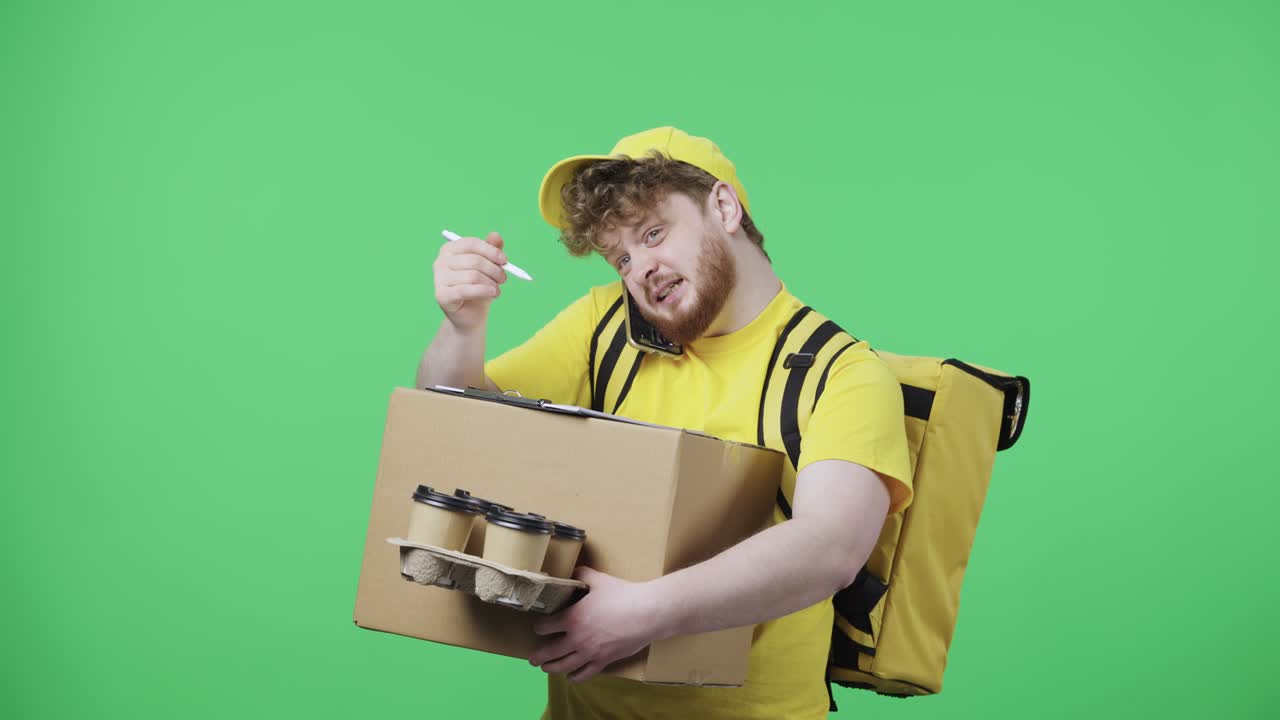 젊은 남성의 초상화는 전화로 이야기하면서 배달 서류를 채우고, 노란색 배달 택배 유니폼을 입은 은 머리 남성이 녹색 화면에 포즈를 취하고, 가까이 다가오고, 느린 동작 준비 59.97fps
