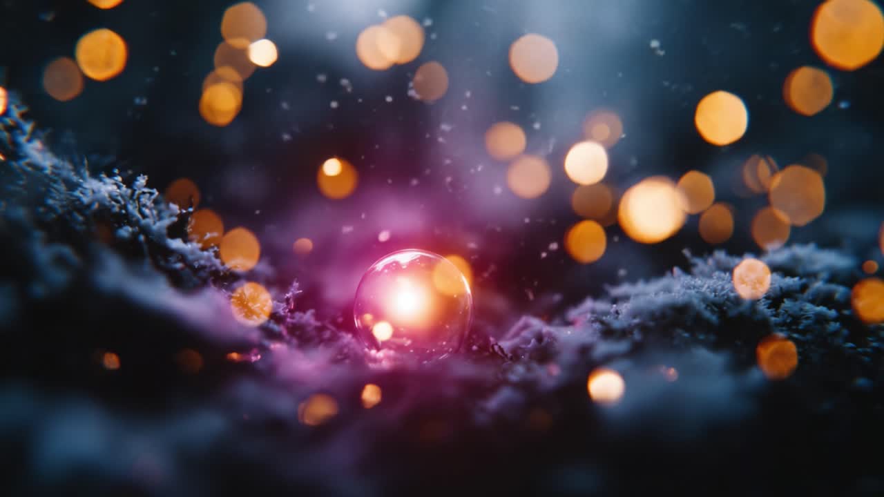 A Captivating Close-Up of a Glowing Droplet Surrounded by Sparkling Particles on a Mystical Surface, Evoking a Sense of Wonder and Enchantment