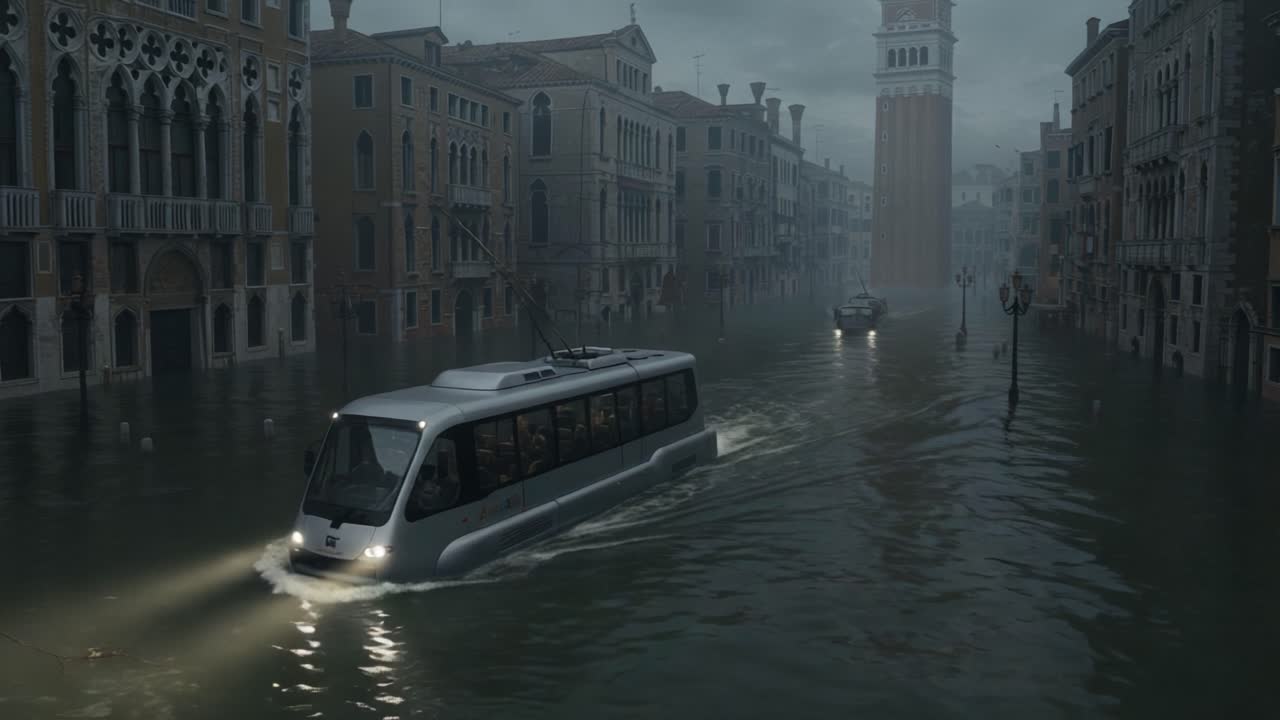 A Dramatic Scene of Flooded Streets Where Water Engulfs Buildings and Vehicles Navigate the Deep Water Under Overcast Skies, Highlighting Environmental Challenges Faced by Urban Areas