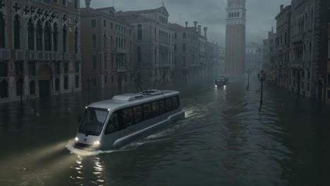 a dramatic scene of flooded streets where water engulfs buildings and vehicles navigate the deep water under overcast skies, highlighting environmental challenges faced by urban areas
