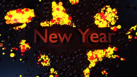 3d new year's looped background with inscription new year and garland, spheres scattered on plane light up, form beautiful pattern. waves of shimmer of color and light. neon light balls for xmas card.