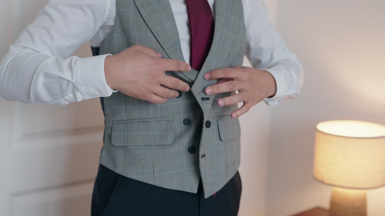 Elegant man adjusts suit vest with timeless charm