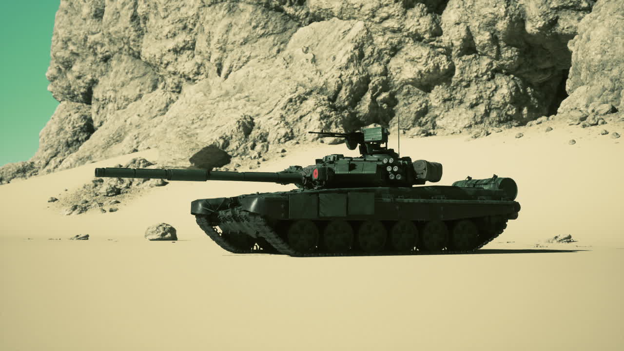 Tank in desert with mountains