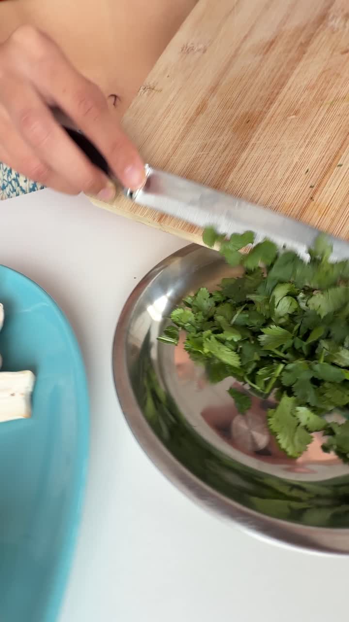 Chopping Coriander and Mushrooms