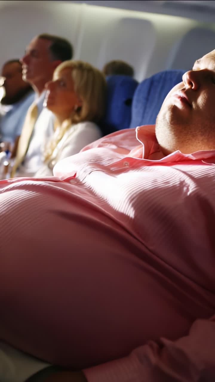Un passeggero sovrappeso sonnecchia durante il volo mentre è seduto con altri viaggiatori nella cabina dell'aereo, immortalando un momento di relax durante il viaggio aereo