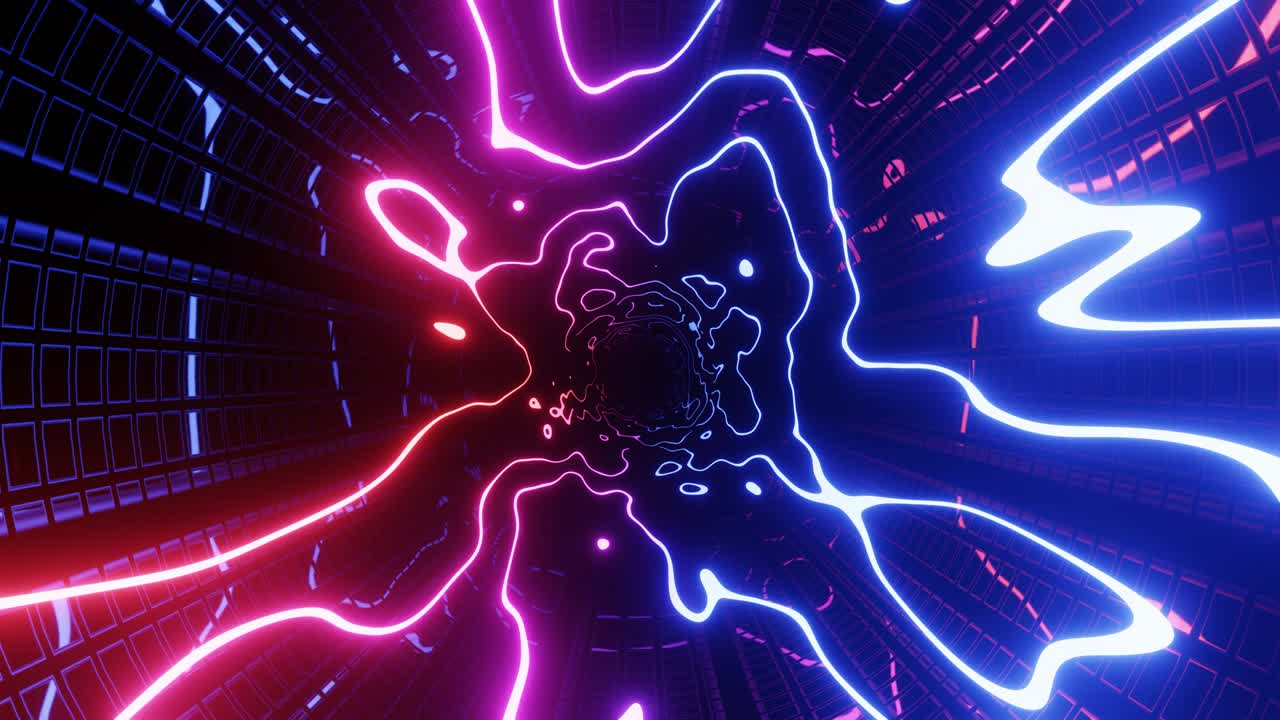 túnel de ciencia ficción de neón de alta tecnología. líneas de brillo de neón trendy forman patrón y construcción en túnel de espejo. patrón de ciencia ficción con marcos de brillo. volar a través del ciberespacio tecnológico. bucle 3d sin costuras 4k bg