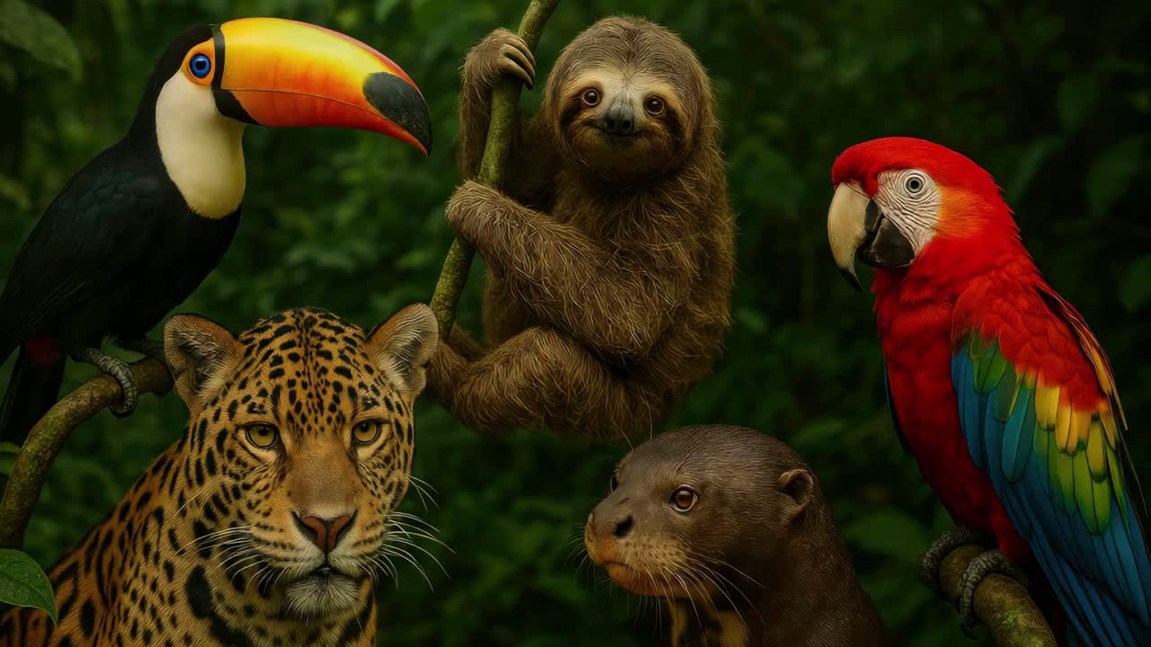 A vibrant wildlife video still featuring a toucan, sloth, jaguar, otter, and parrot