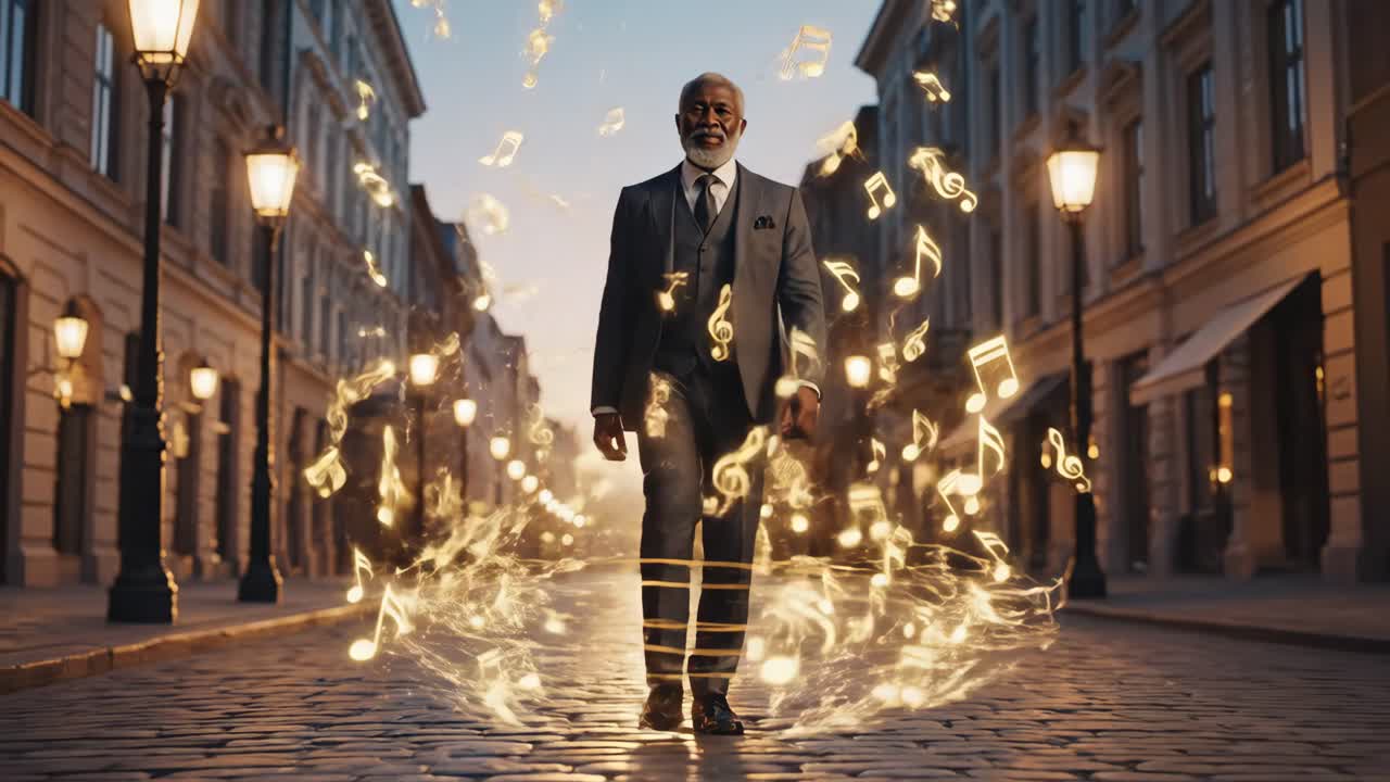 Man in Suit Walking on Cobblestone Street with Musical Notes