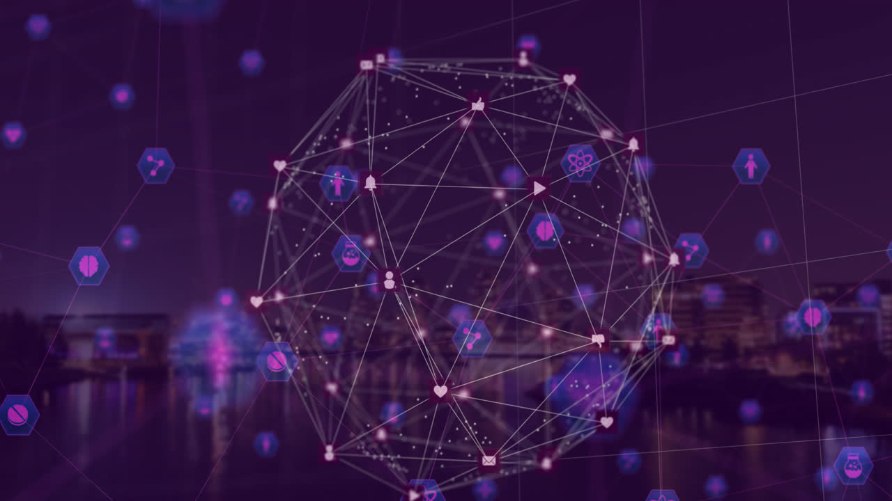 globo de iconos digitales contra el paisaje urbano