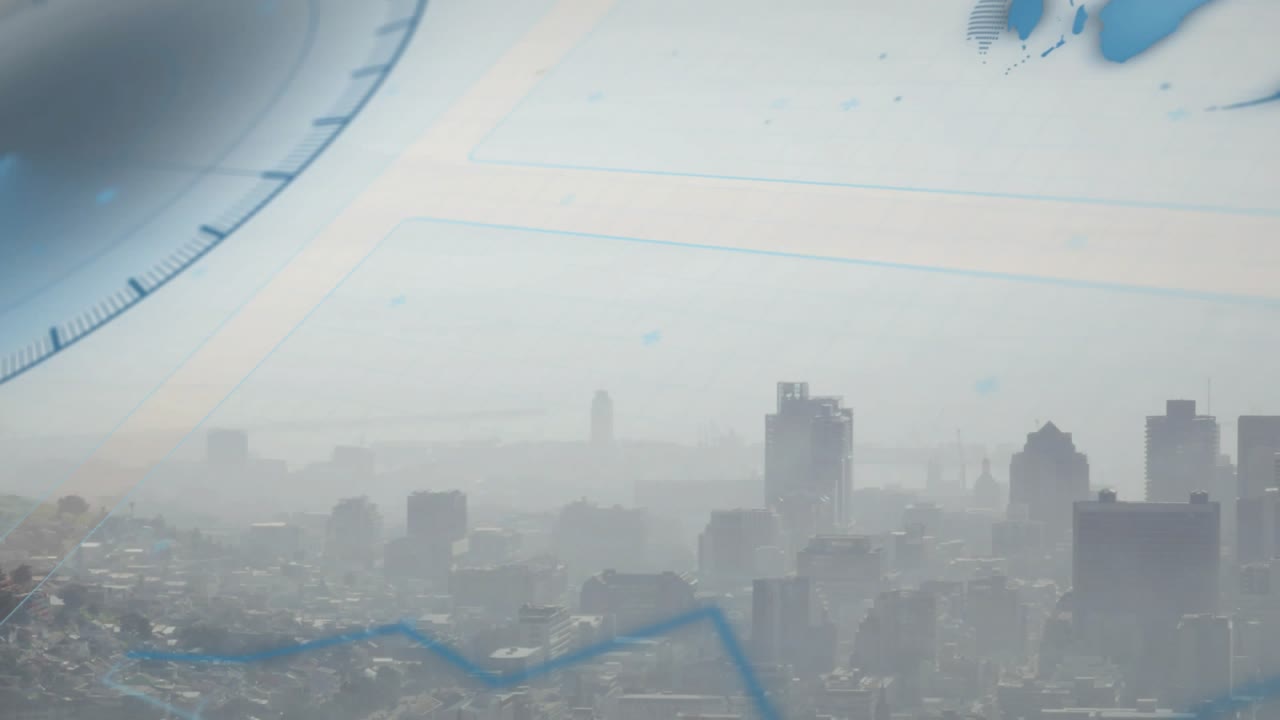 On start faint blue overlays drifting and rotating over hazy urban skyline, showing data