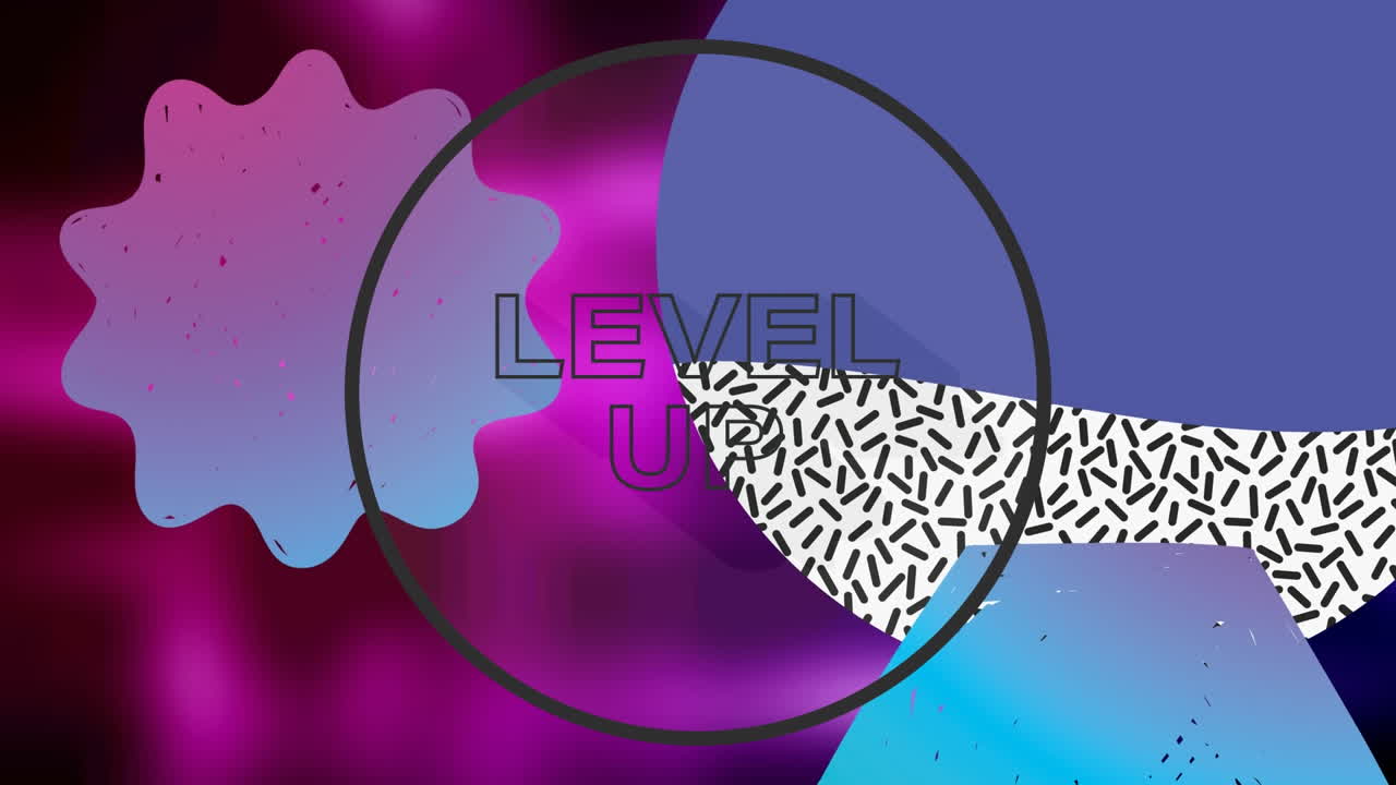 Animation of level up text over shapes on purple background