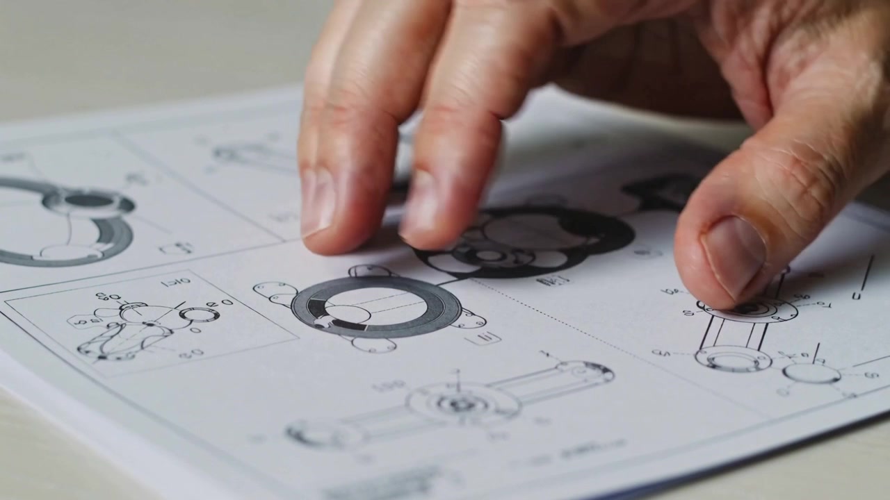 Approaching top-right senior hands aligning plastic ring to printed diagram on desk, checking fit