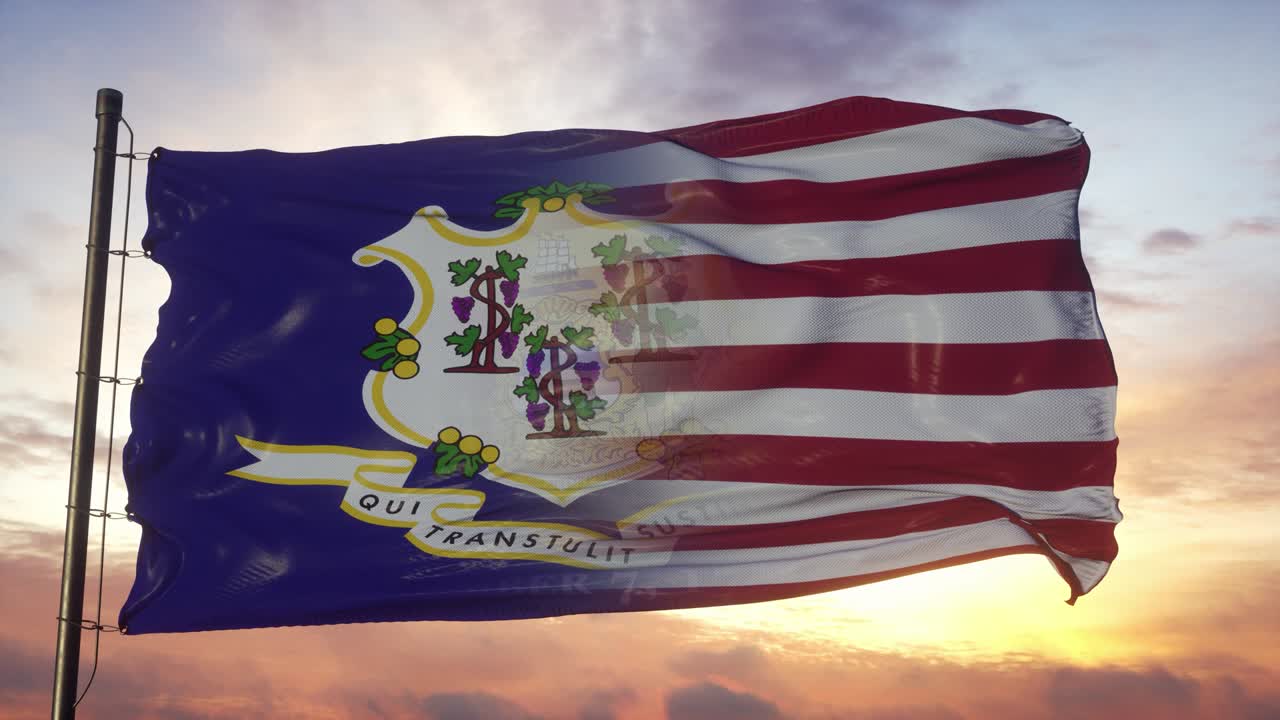 Connecticut and USA flag on flagpole. USA and Connecticut Mixed Flag waving in wind