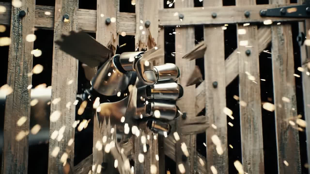 A Futuristic Robot's Mechanical Hand Breaks Through a Wooden Gate, Symbolizing Escape or Breakthrough in a High-Tech Environment