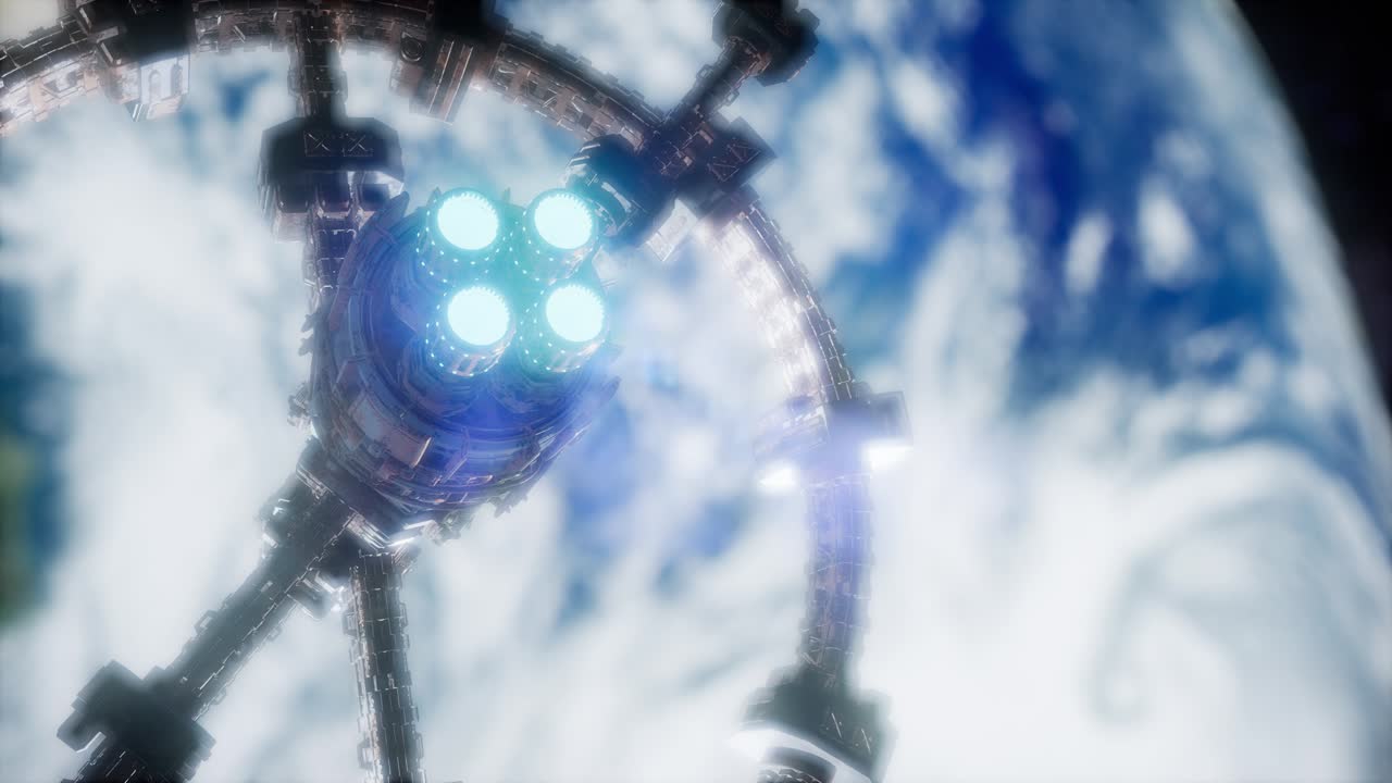 지구와 우주선의 모습. iss는 지구를 공전하고 있습니다.