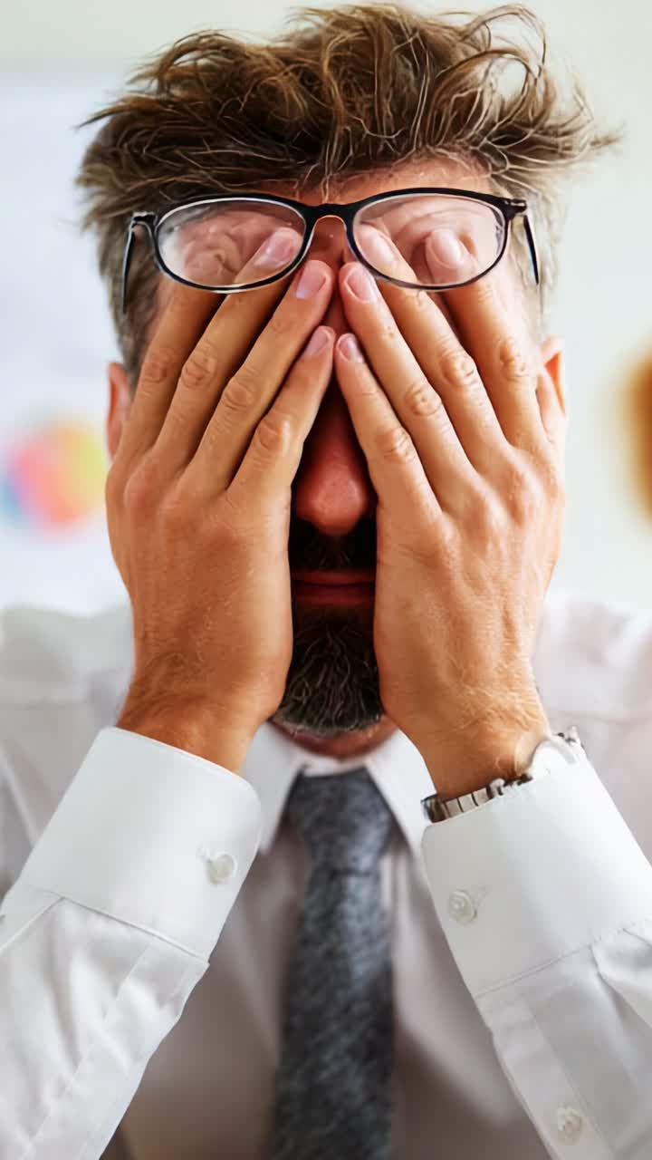 A distressed individual demonstrates stress and frustration by covering his face with hands, showcasing emotional strain in a professional setting