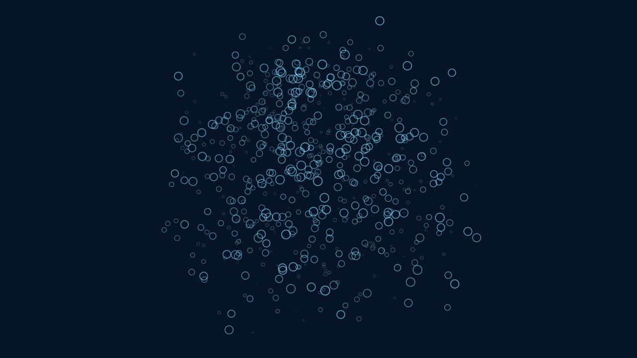 An abstract composition of blue dots on a dark background, arranged in a circular pattern, some overlapping while others stand alone