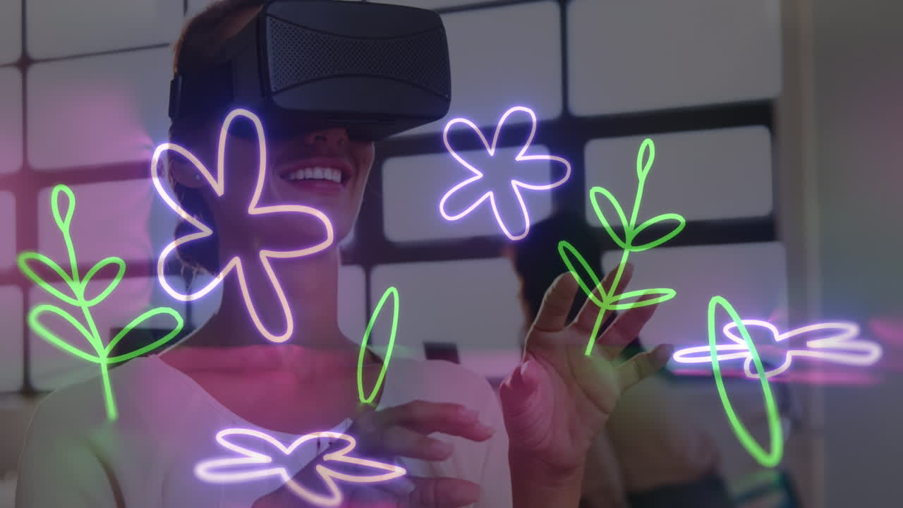 animación de formas de neón de flores sobre una mujer caucásica usando auriculares vr