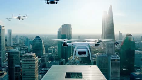 drones flying over cityscape for delivery