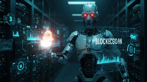 a futuristic robot in a high-tech server room with digital interfaces and red eyes, displaying blockchain data and projecting flames in a sci-fi atmosphere